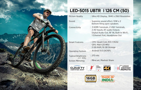 Intex 50" 4K Ultra HD Smart Android 9.0 LED TV | LED-5015 UBTR (1m 25cm)